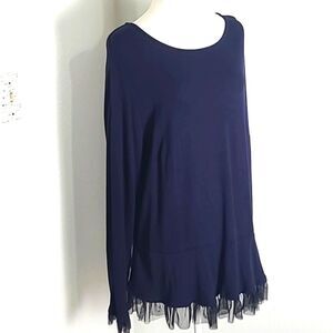 Crown & Ivy Navy Blue Top with Sheer Black Ruffles & a Gold Zipper, Size 1X